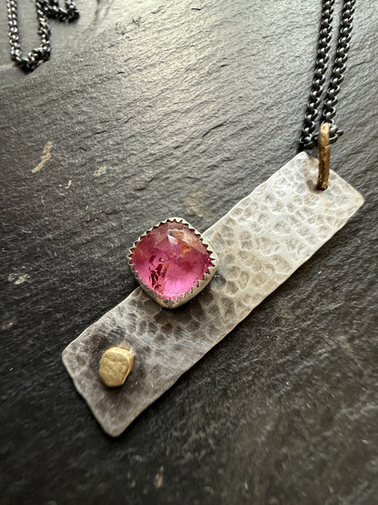 Pink Tourmaline Gemstone Bar Necklace