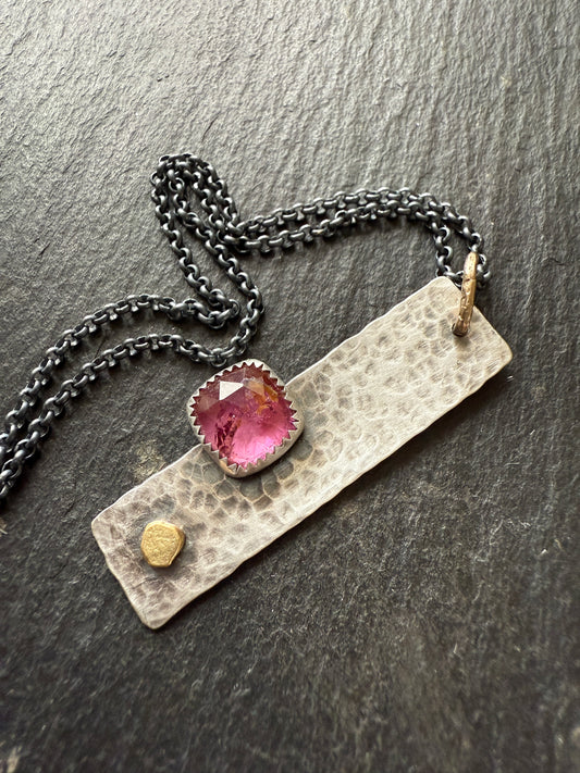 Pink Tourmaline Gemstone Bar Necklace