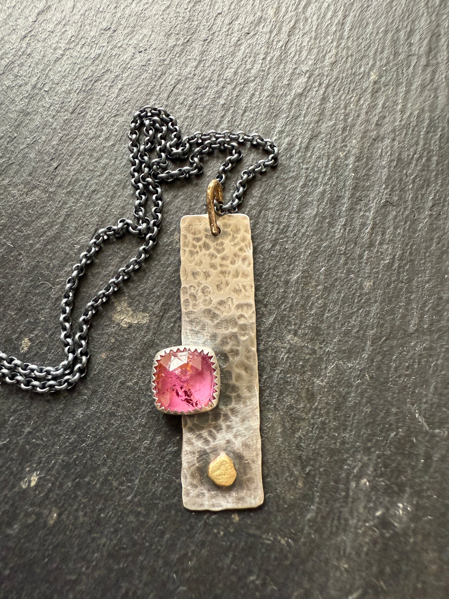 Pink Tourmaline Gemstone Bar Necklace