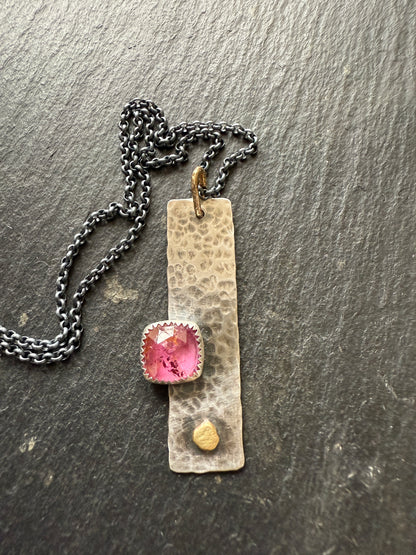 Pink Tourmaline Gemstone Bar Necklace