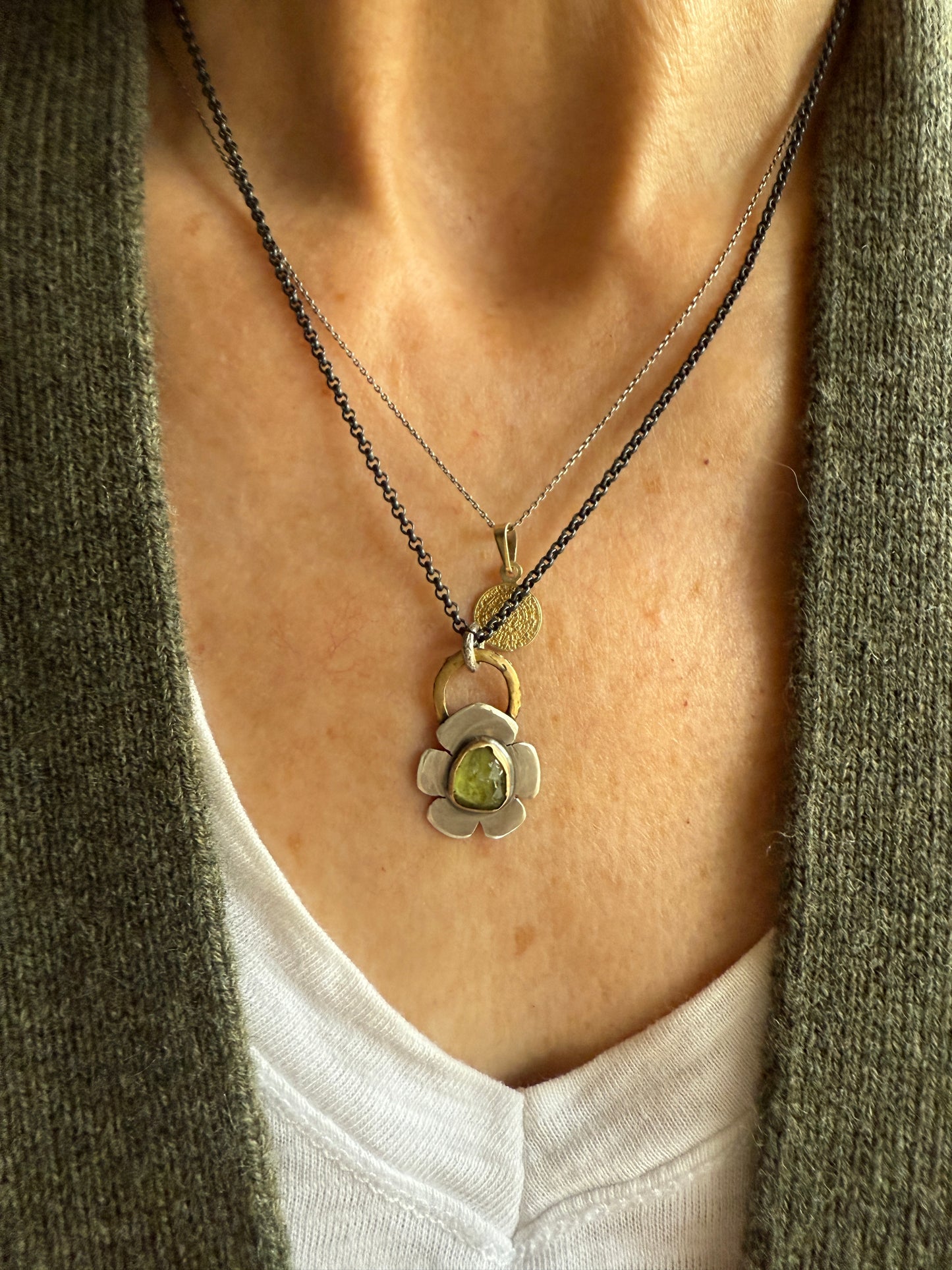 Peridot flower necklace, green gemstone bezel set jewellery, sterling silver mixed metal necklace