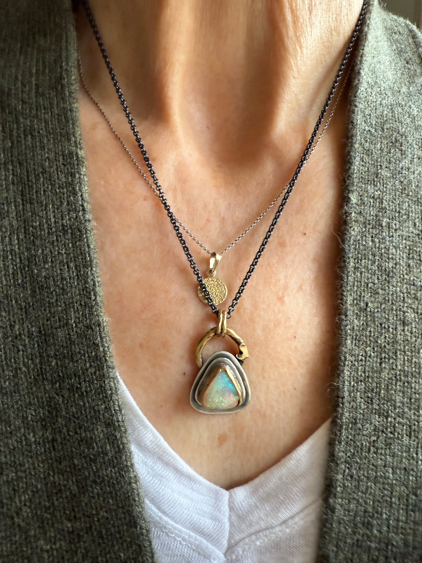 Beautiful Boulder opal necklace, 925 sterling silver bezel set gemstone jewellery, mixed metal necklace