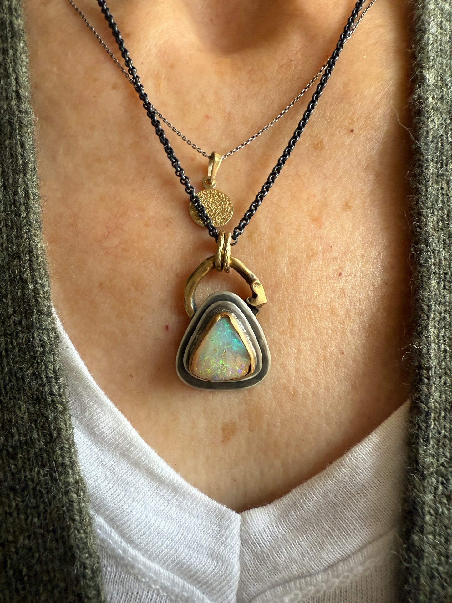 Beautiful Boulder opal necklace, 925 sterling silver bezel set gemstone jewellery, mixed metal necklace