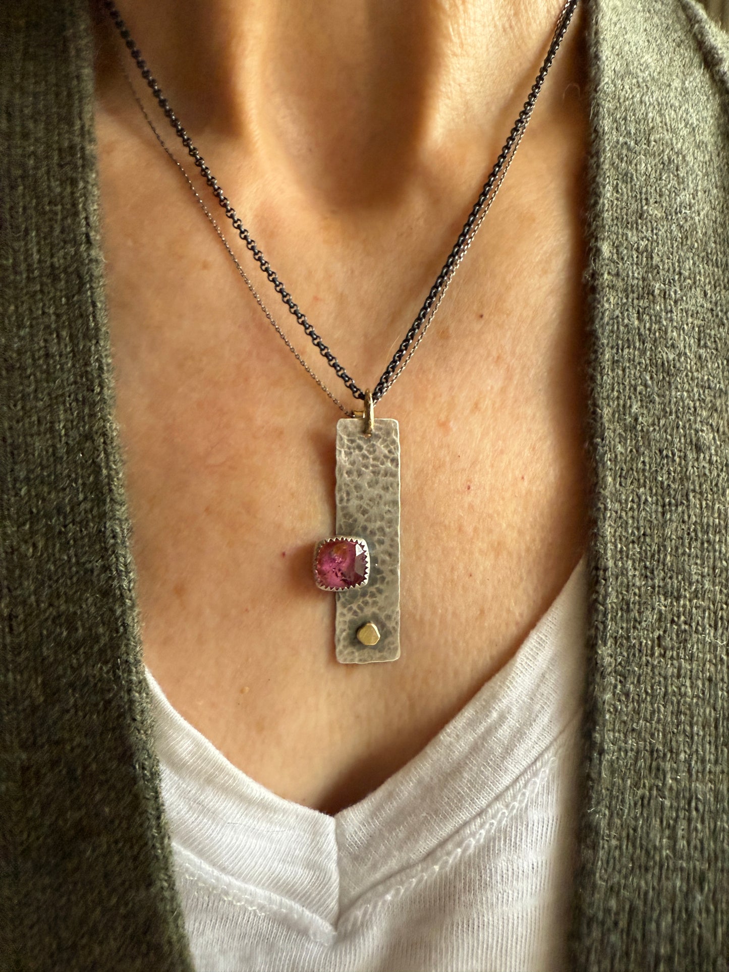 Pink Tourmaline Gemstone Bar Necklace