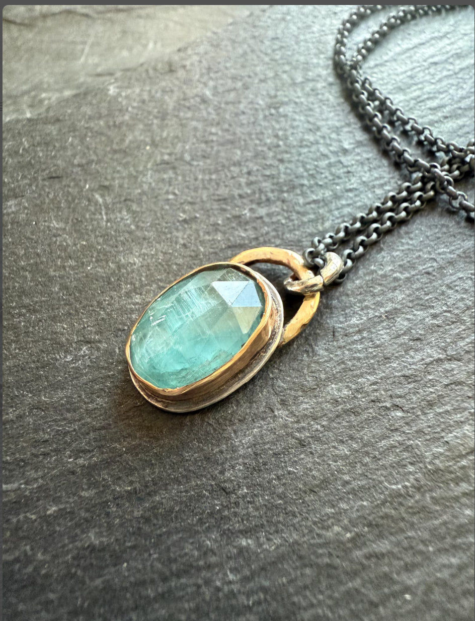 Aqua kyanite necklace, green gemstone bezel set jewellery, sterling silver mixed metal necklace