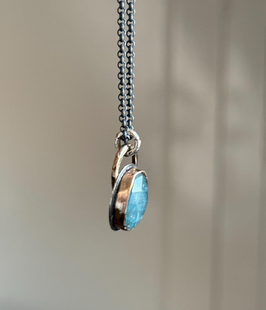 Aqua kyanite necklace, green gemstone bezel set jewellery, sterling silver mixed metal necklace