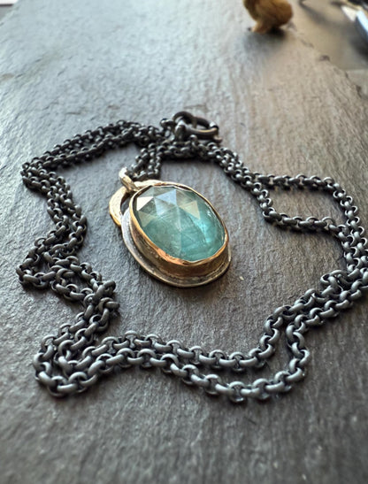 Aqua kyanite necklace, green gemstone bezel set jewellery, sterling silver mixed metal necklace