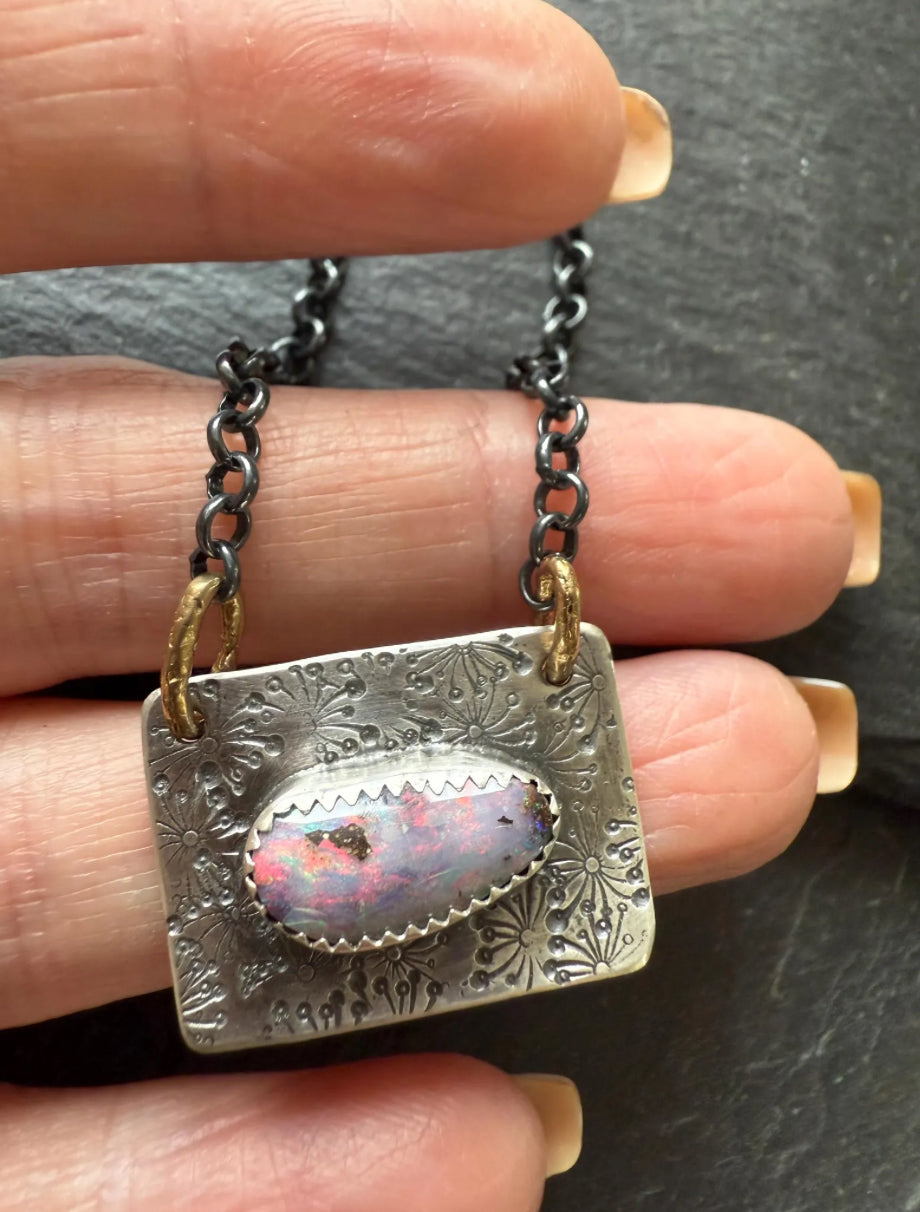 Beautiful pink and purple boulder opal. bezel set necklace, gemstone jewellery