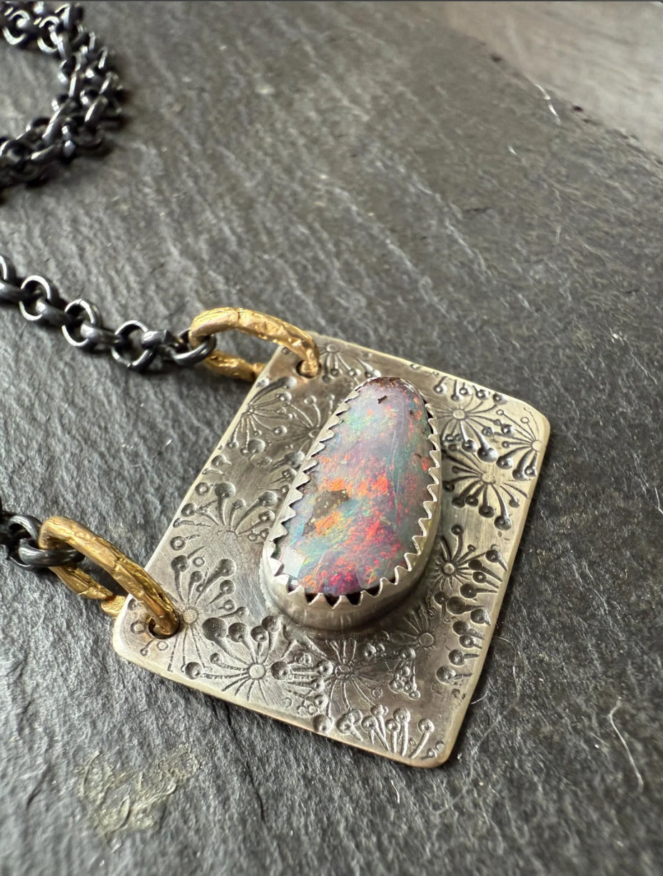 Beautiful pink and purple boulder opal. bezel set necklace, gemstone jewellery