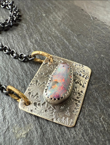 Beautiful pink and purple boulder opal. bezel set necklace, gemstone jewellery