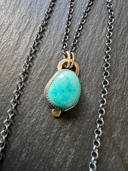 Mixed metal Turquoise necklace bezel set with sterling silver and gold, duck egg blue stone and oxidised jewellery