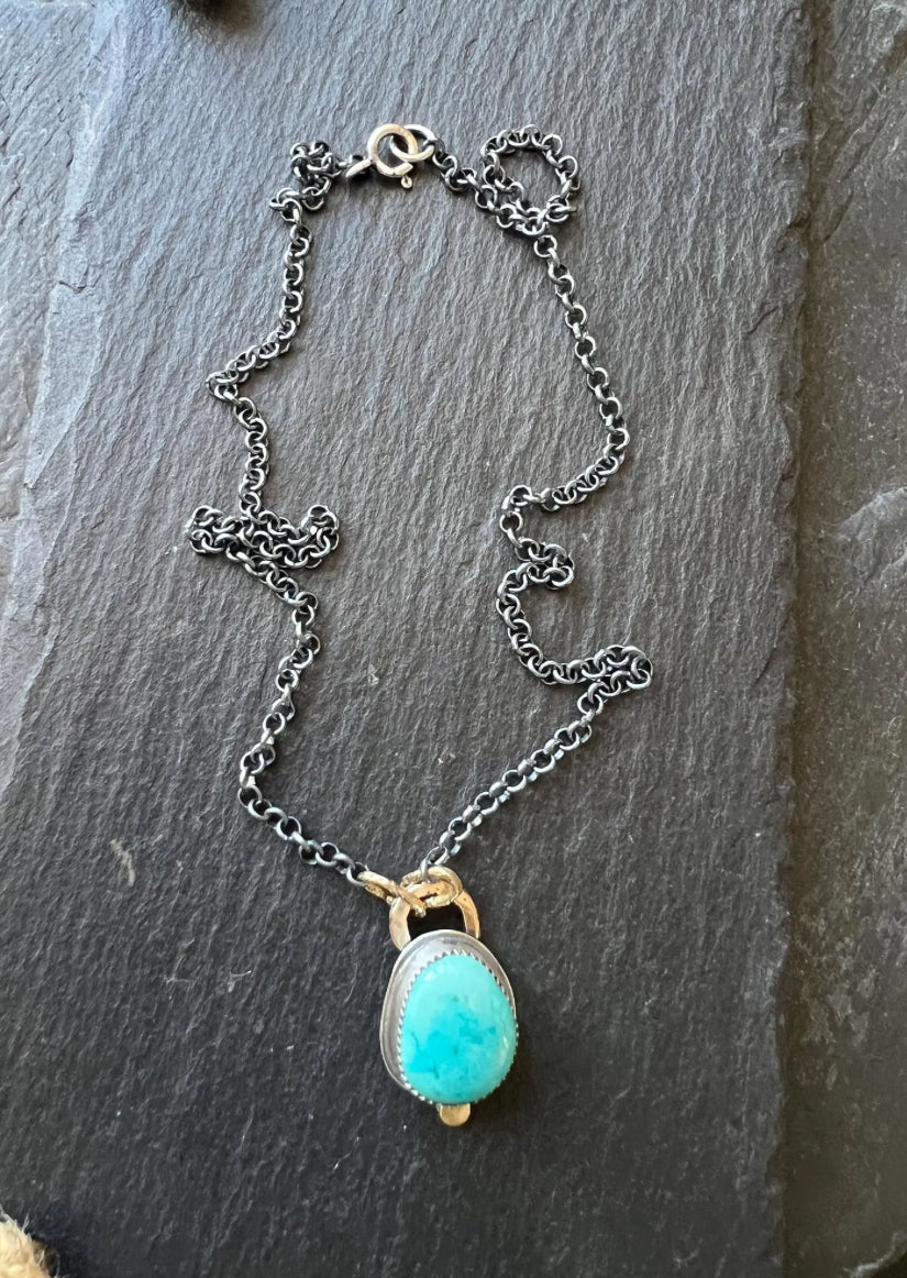 Mixed metal Turquoise necklace bezel set with sterling silver and gold, duck egg blue stone and oxidised jewellery