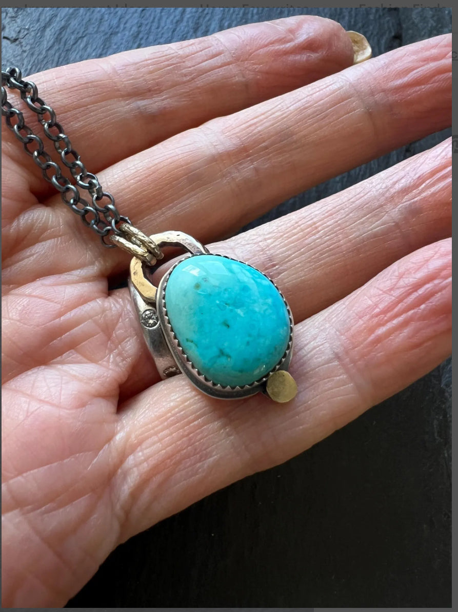 Mixed metal Turquoise necklace bezel set with sterling silver and gold, duck egg blue stone and oxidised jewellery