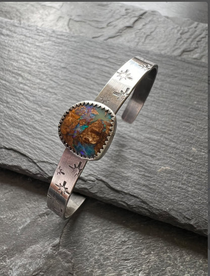 Blue Boulder opal sterling cuff bangle bracelet, bezel set charm silver stacking bracket, gift for her