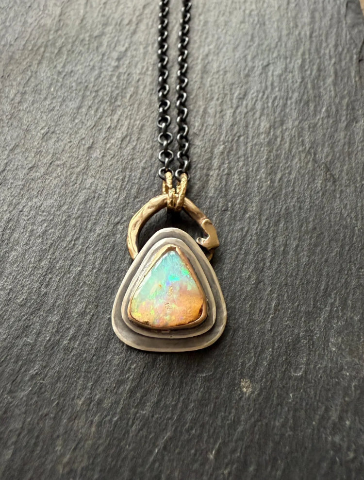 Beautiful Boulder opal necklace, 925 sterling silver bezel set gemstone jewellery, mixed metal necklace