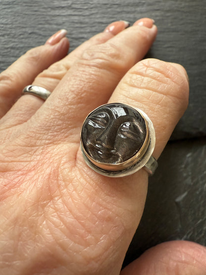 Obsidian moon face ring