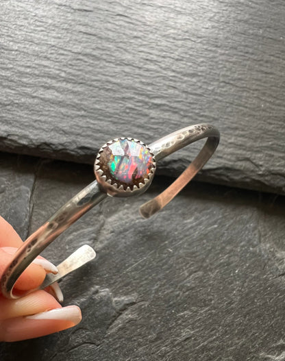 Opal sterling cuff bangle bracelet, bezel set charm silver stacking bracket, gift for her