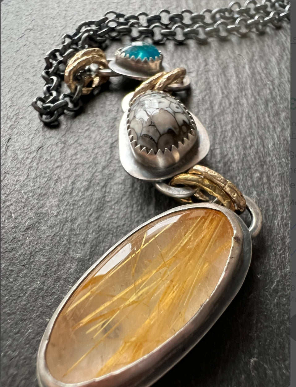 Golden quartz and fossilised snakeskin necklace, charm bezel set gemstone jewellery in sterling silver