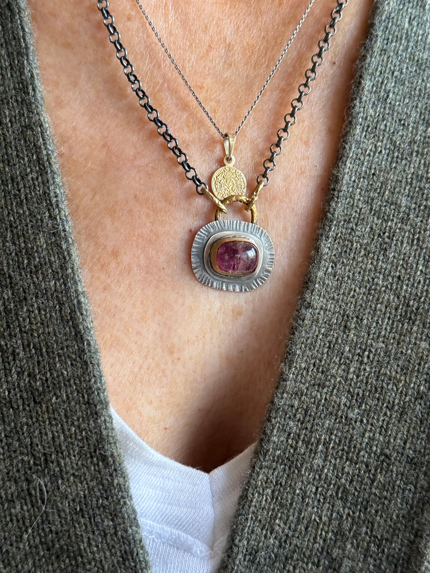 Pink Tourmaline bezel set necklace with mixed metals, October birthstone jewelry, boho layering jewellery