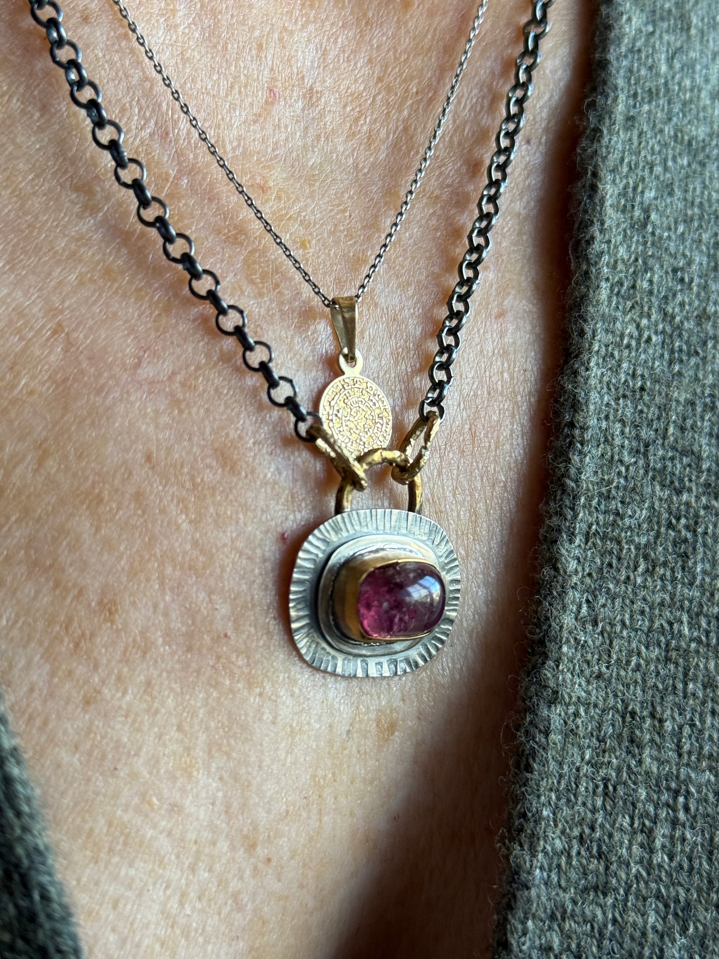 Pink Tourmaline bezel set necklace with mixed metals, October birthstone jewelry, boho layering jewellery