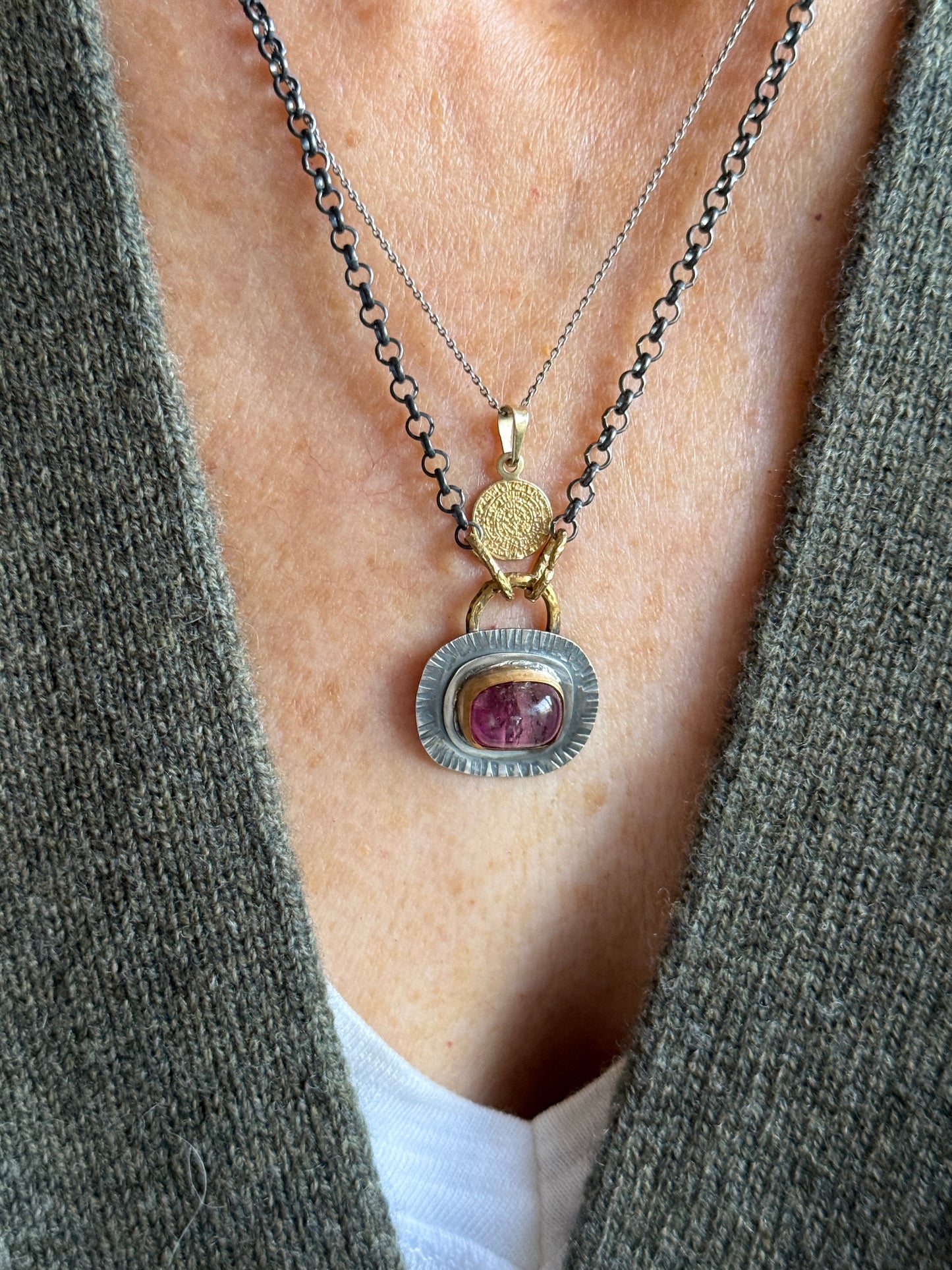 Pink Tourmaline bezel set necklace with mixed metals, October birthstone jewelry, boho layering jewellery