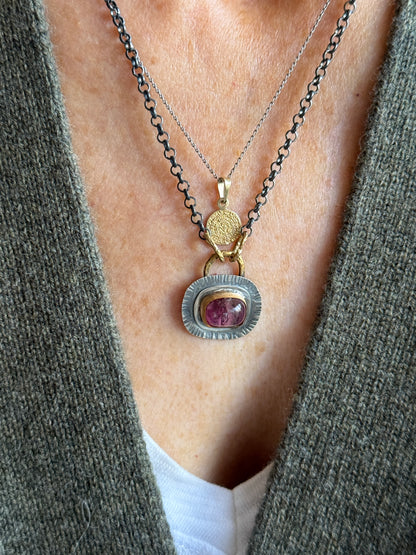 Pink Tourmaline bezel set necklace with mixed metals, October birthstone jewelry, boho layering jewellery