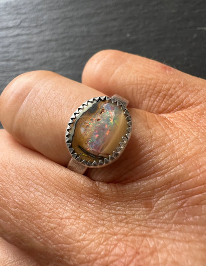 Boulder opal ring, bezel set charm silver Jewellery, gift for her