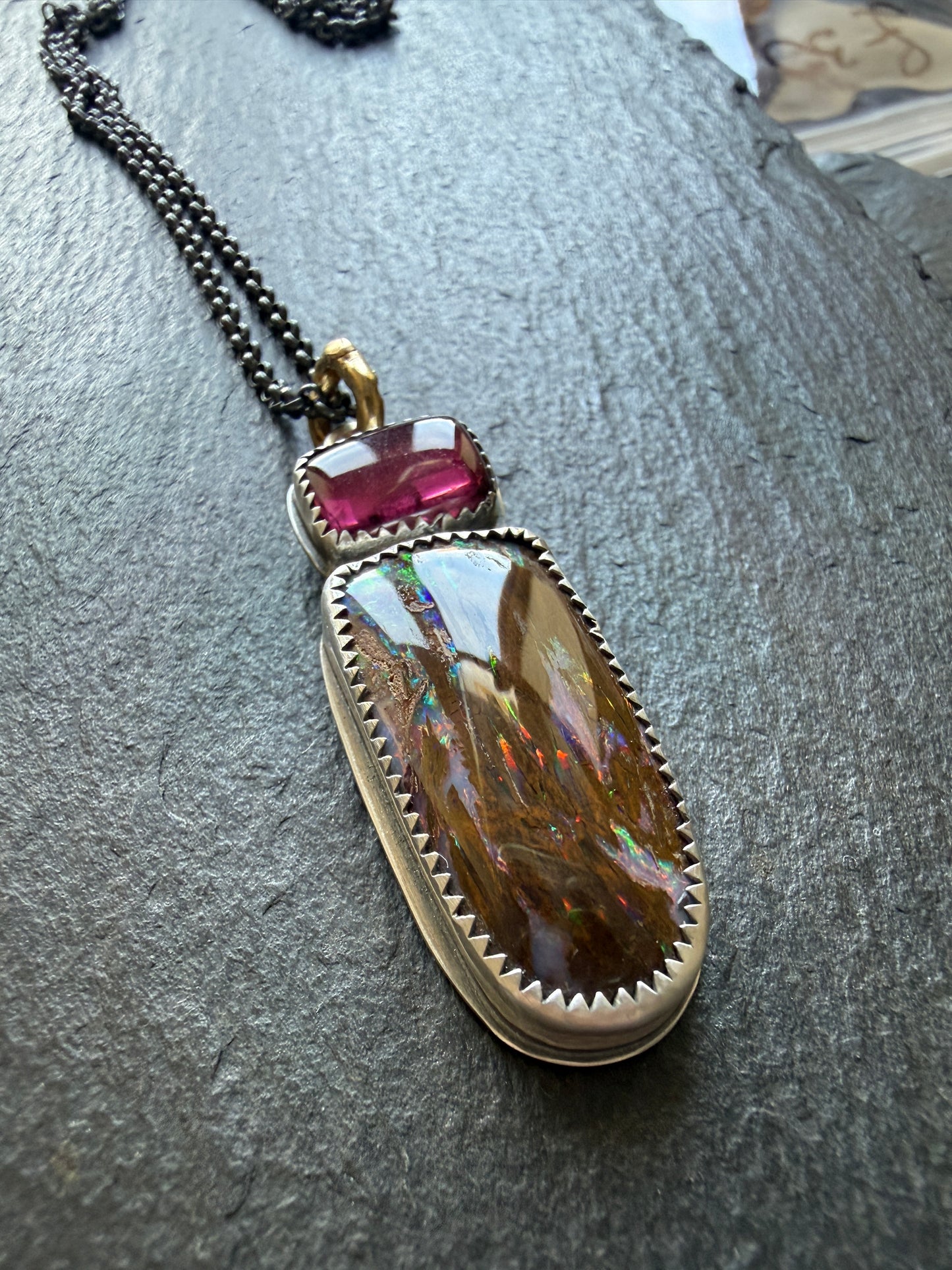 Boulder opal & Tourmaline Pendant