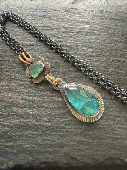 Teal Kyanite and Green Tourmaline Pendant