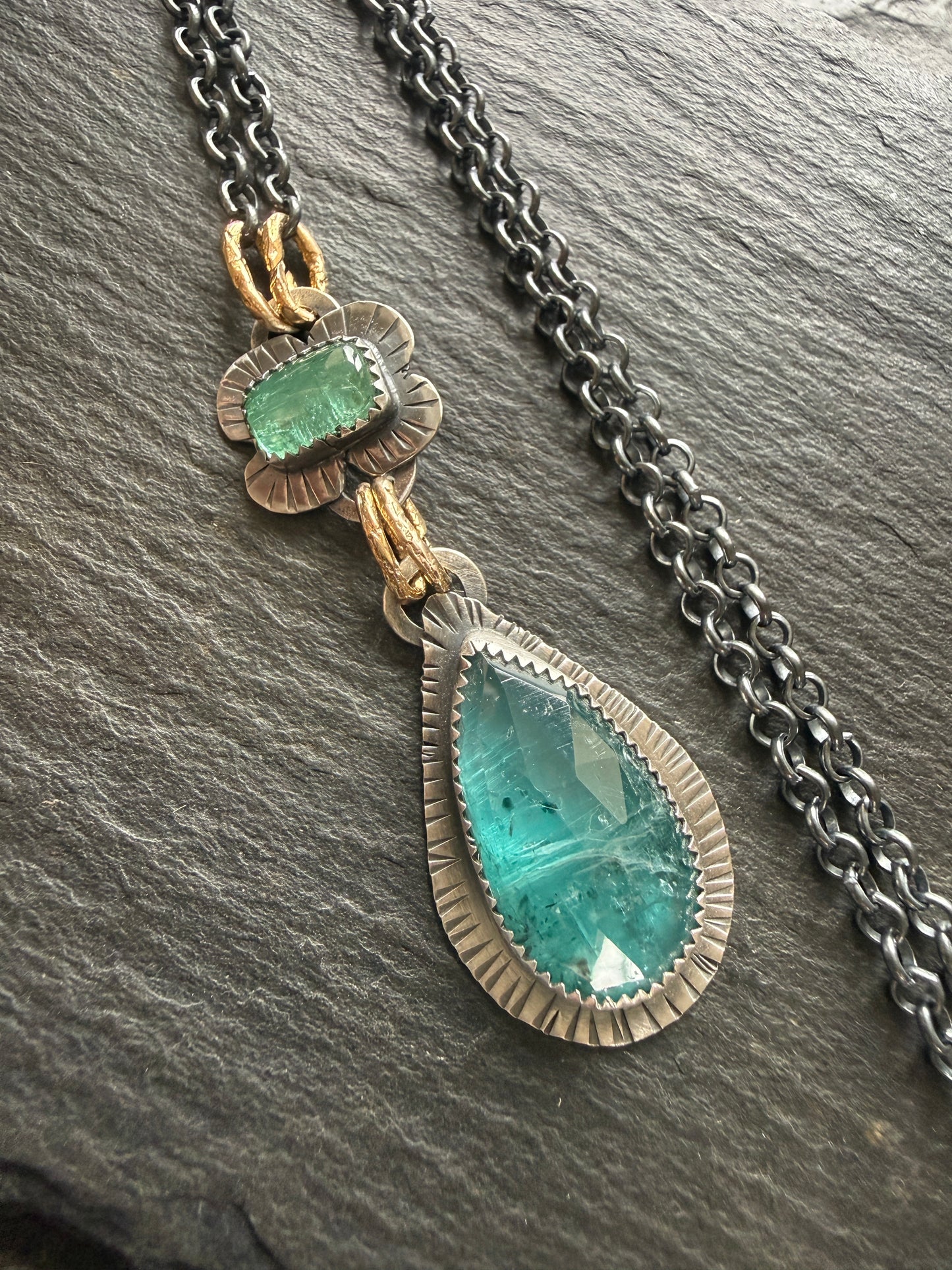 Teal Kyanite and Green Tourmaline Pendant
