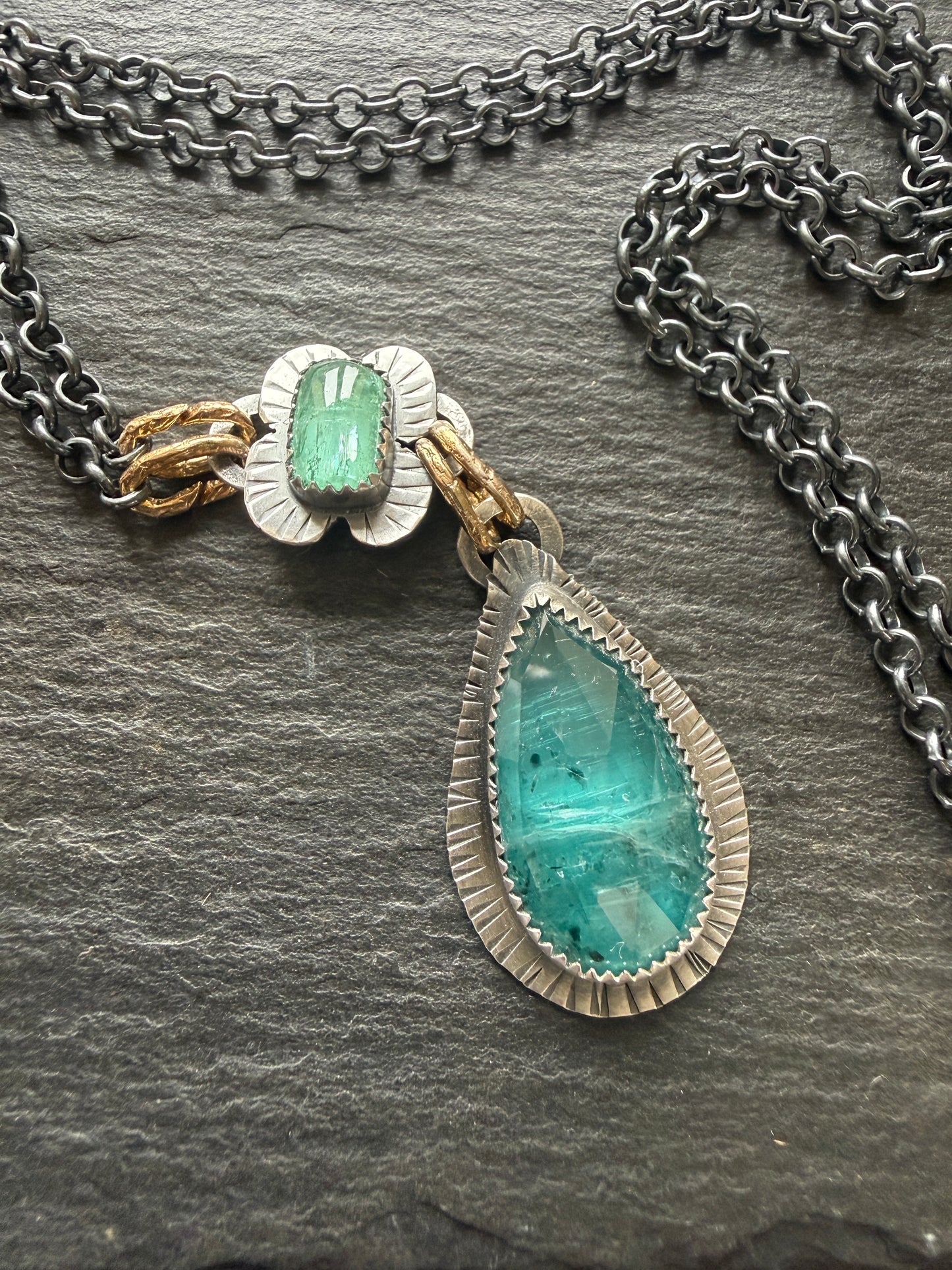 Teal Kyanite and Green Tourmaline Pendant
