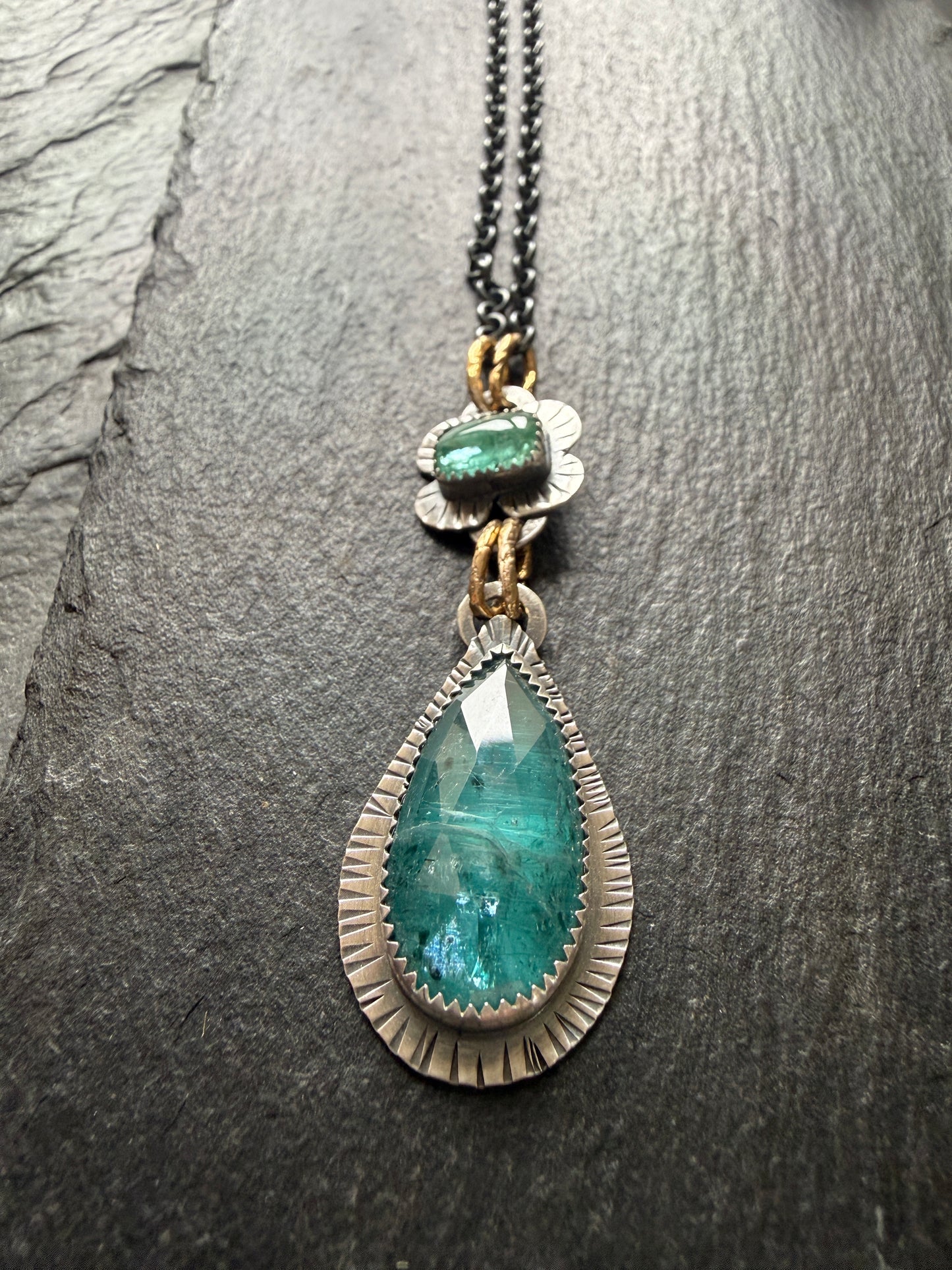 Teal Kyanite and Green Tourmaline Pendant