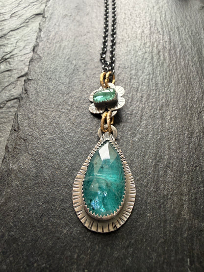Teal Kyanite and Green Tourmaline Pendant