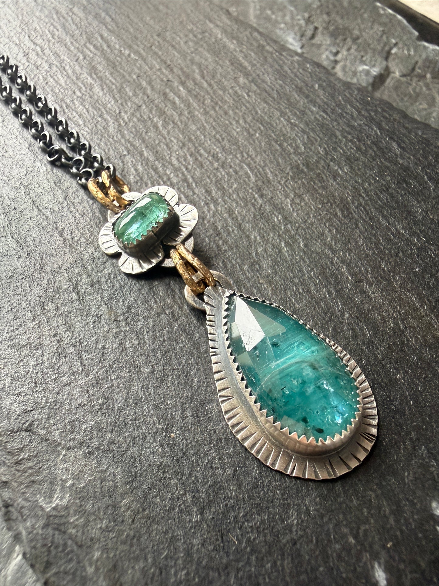 Teal Kyanite and Green Tourmaline Pendant