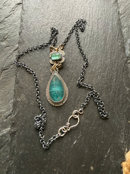 Teal Kyanite and Green Tourmaline Pendant
