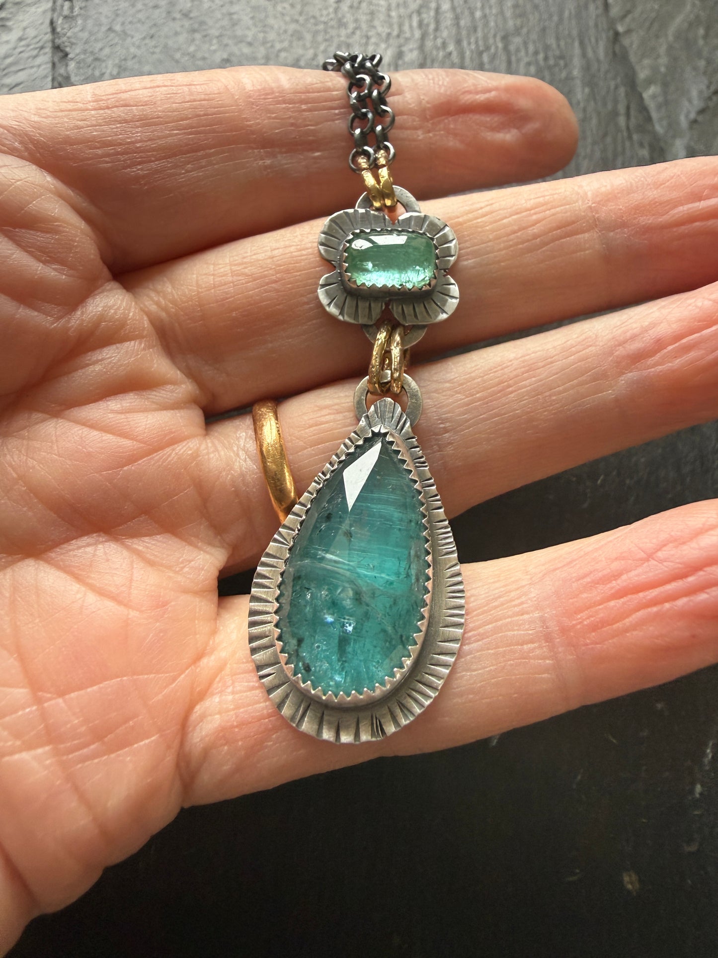 Teal Kyanite and Green Tourmaline Pendant