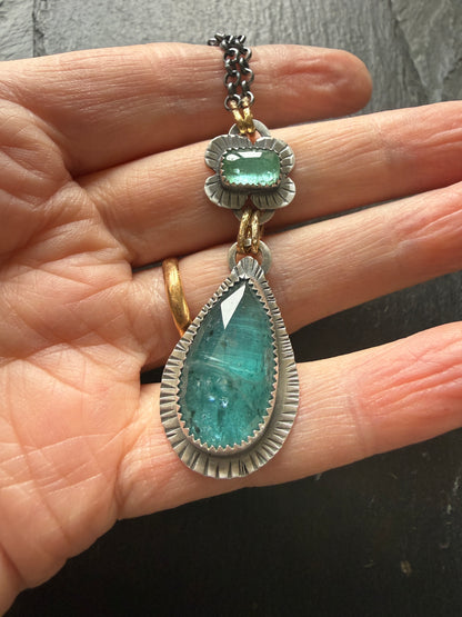 Teal Kyanite and Green Tourmaline Pendant