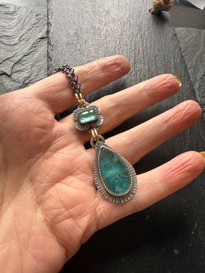 Teal Kyanite and Green Tourmaline Pendant