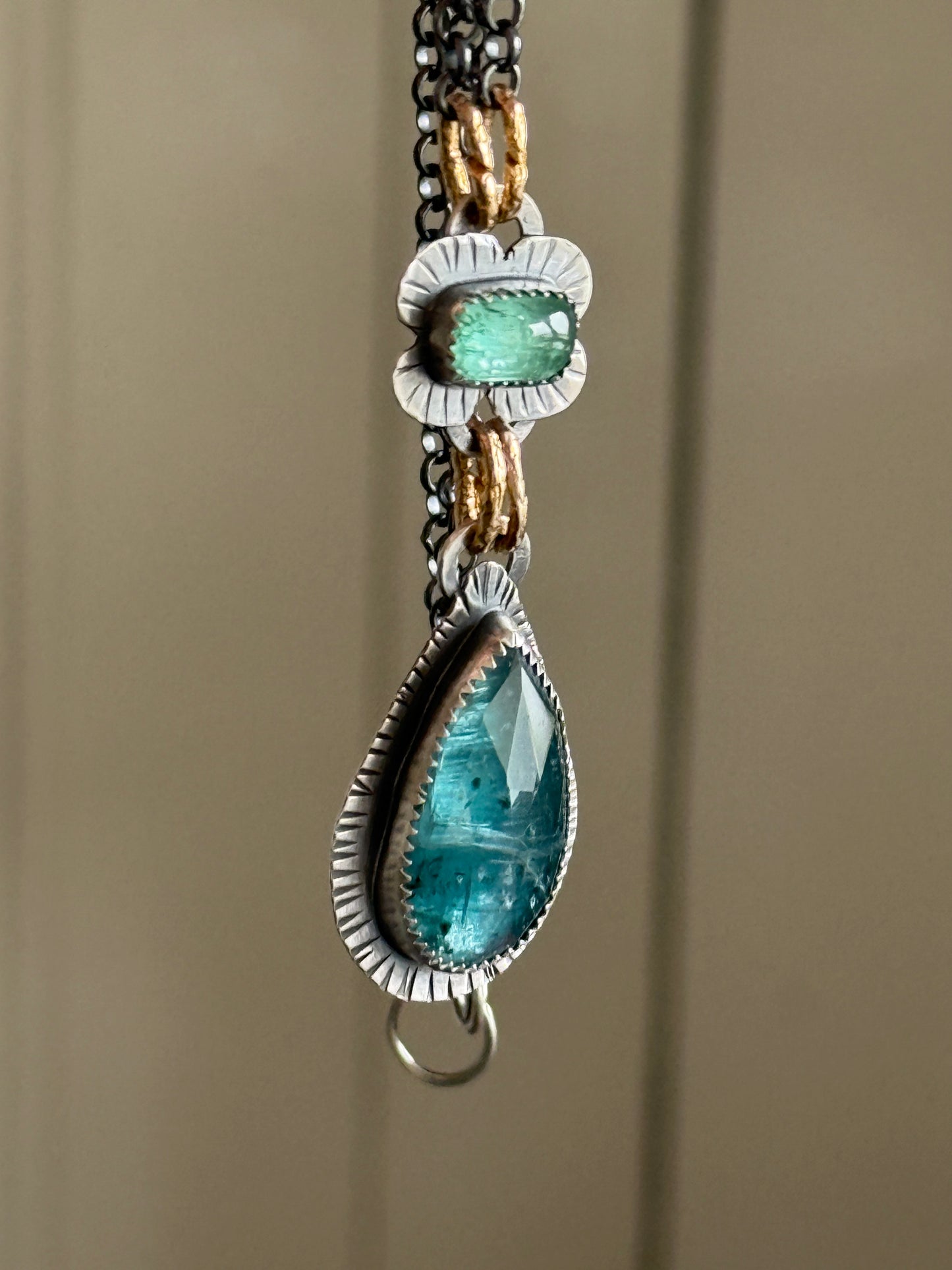 Teal Kyanite and Green Tourmaline Pendant