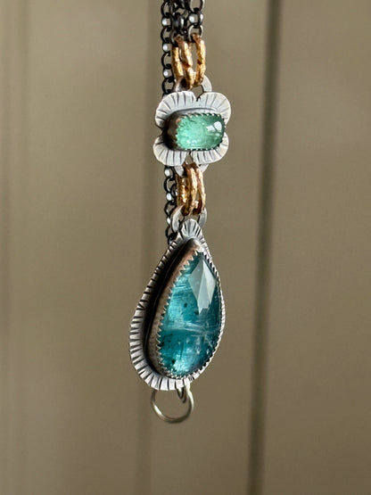 Teal Kyanite and Green Tourmaline Pendant