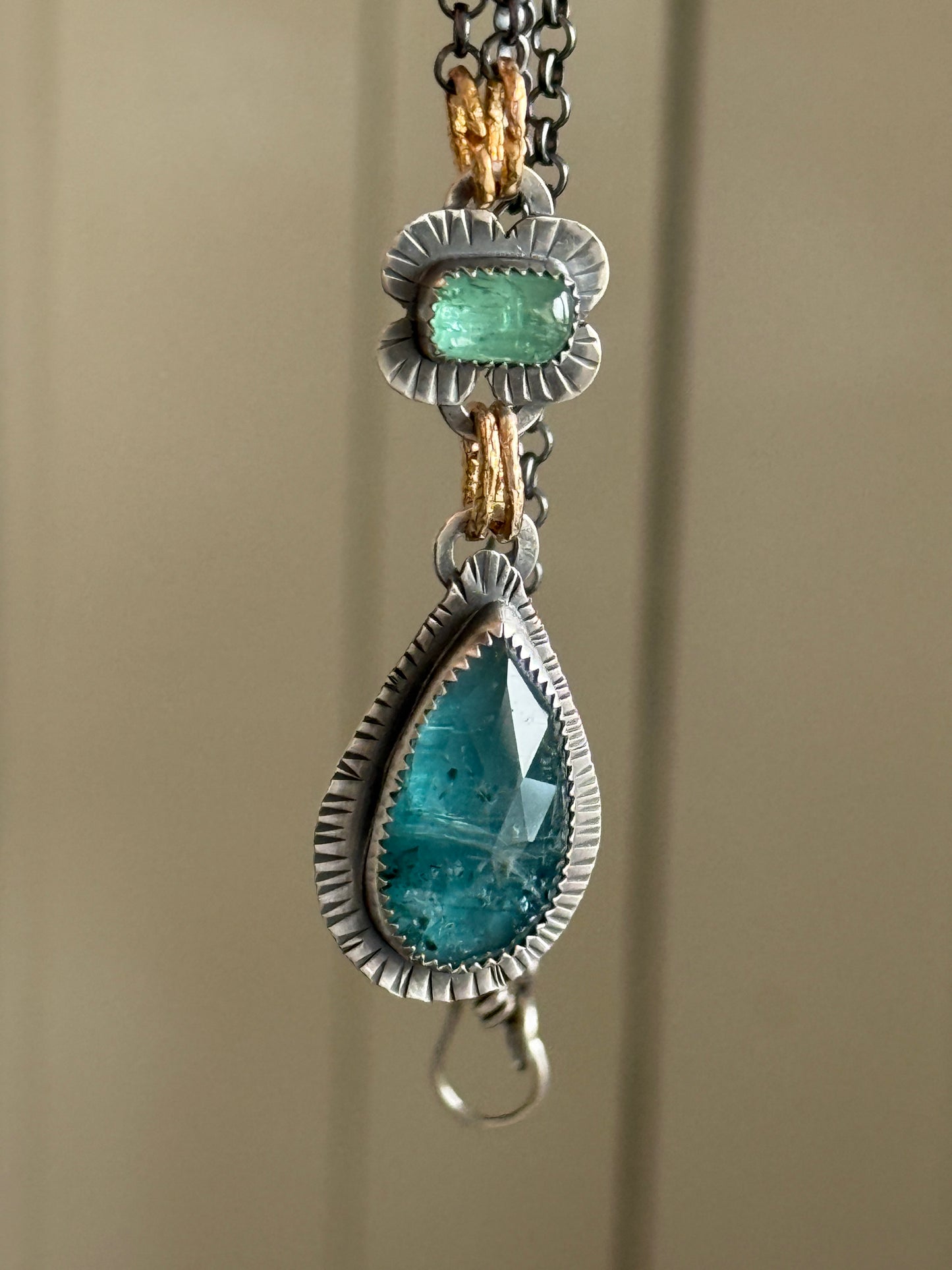 Teal Kyanite and Green Tourmaline Pendant