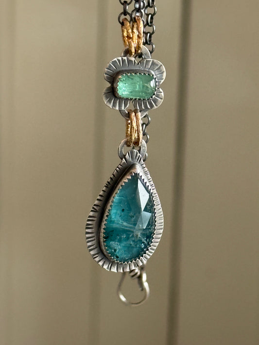 Teal Kyanite and Green Tourmaline Pendant