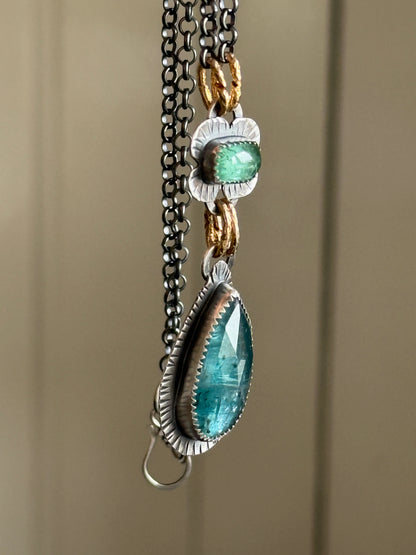 Teal Kyanite and Green Tourmaline Pendant