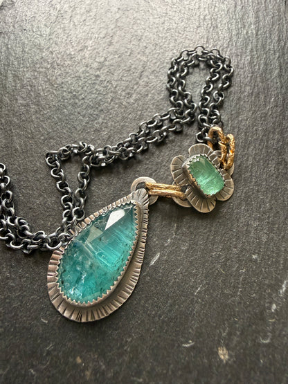 Teal Kyanite and Green Tourmaline Pendant