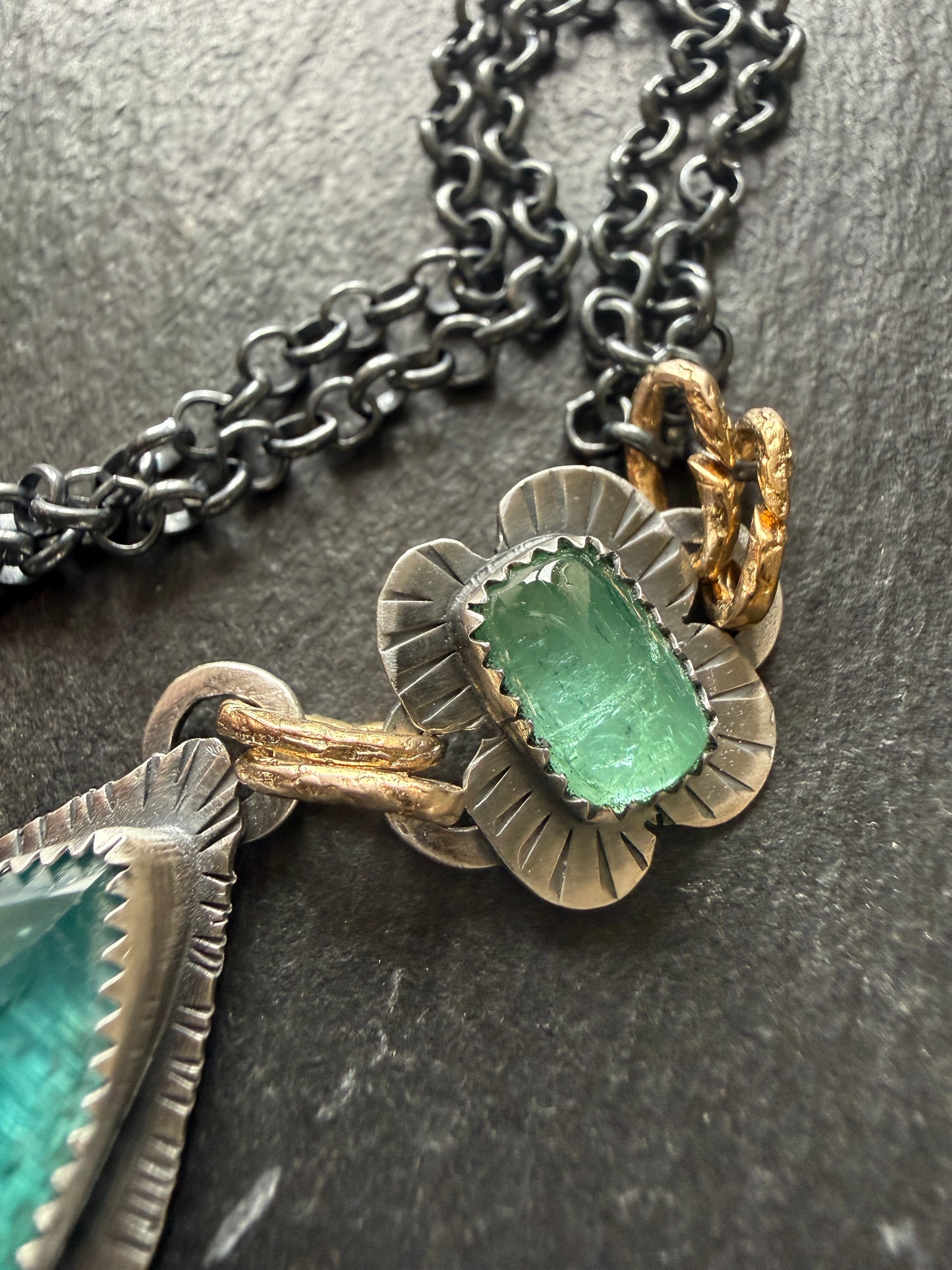 Teal Kyanite and Green Tourmaline Pendant
