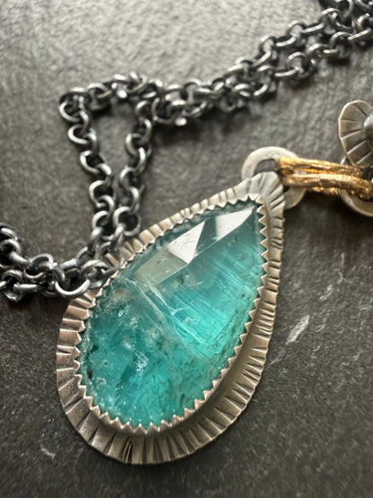 Teal Kyanite and Green Tourmaline Pendant