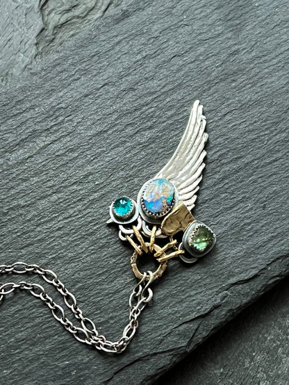 Angel wing charm necklace, boulder opal, apatite and tourmaline, mixed metal jeweller gift for her