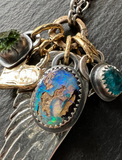 Angel wing charm necklace, boulder opal, apatite and tourmaline, mixed metal jeweller gift for her