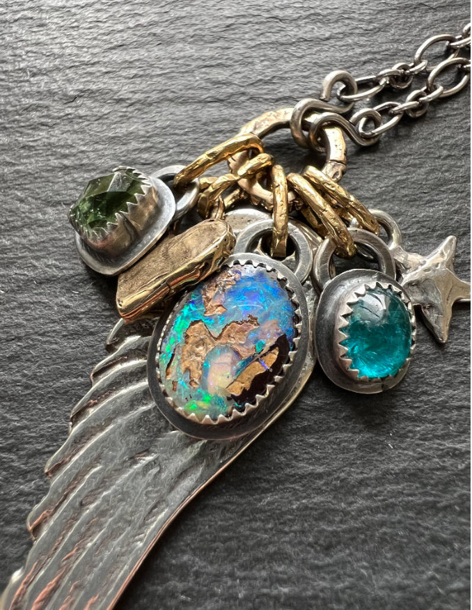 Angel wing charm necklace, boulder opal, apatite and tourmaline, mixed metal jeweller gift for her
