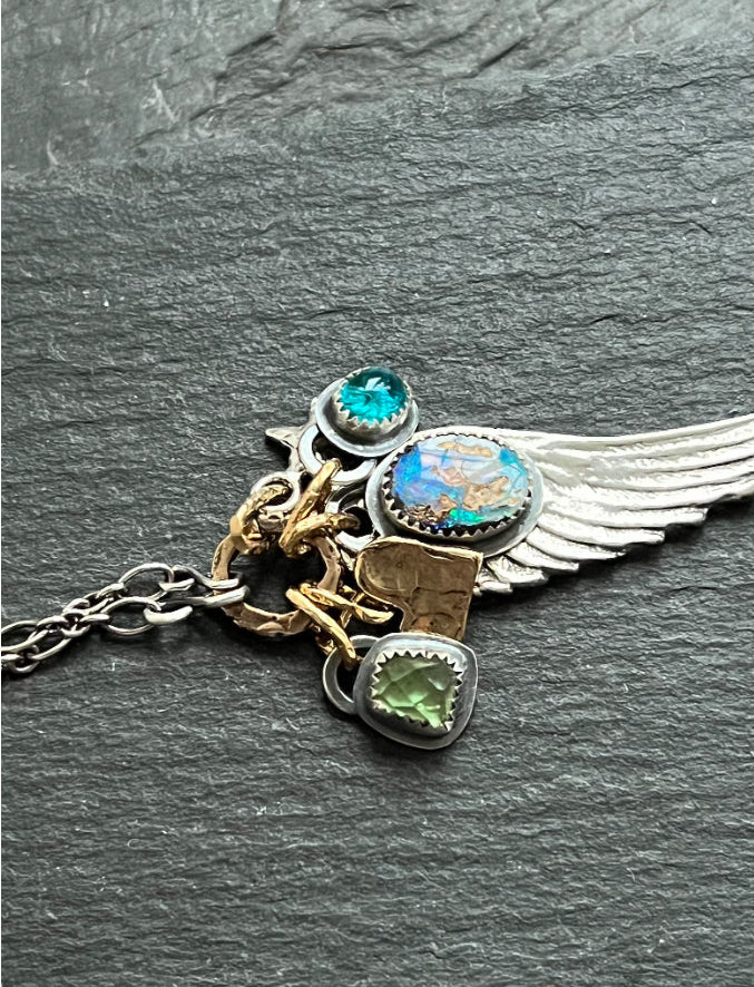 Angel wing charm necklace, boulder opal, apatite and tourmaline, mixed metal jeweller gift for her